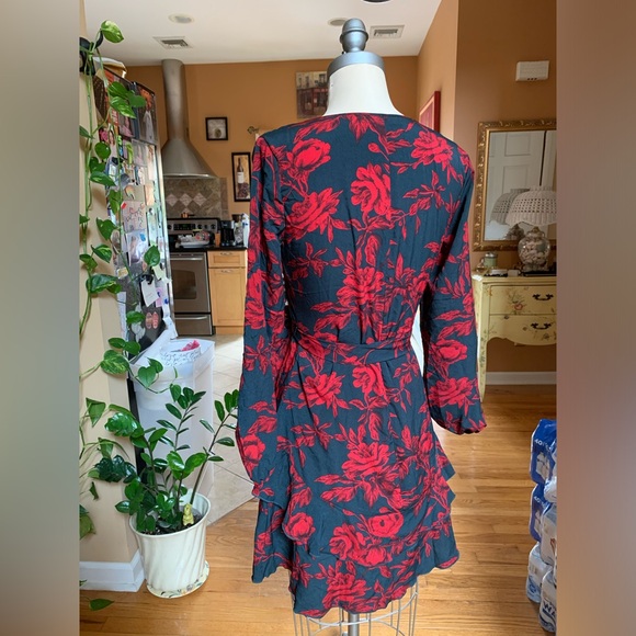 U-GUEST Women Long Sleeve V Neck Floral Mini Swing Dress w Belt Charcoal Red S - Picture 3 of 7